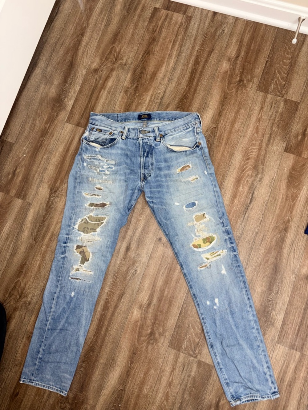 Polo by Ralph Lauren Light Blue Distressed Skinny Jeans with Camo Patchwork